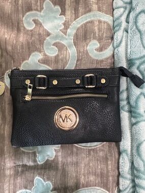 Michael Kors Black Pebbled Leather Logo Wristlet with Gold Hardware
